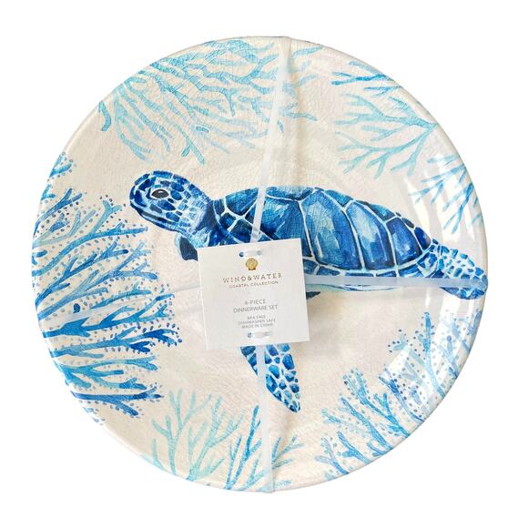 Set of 4 WIND & WATER Coastal Blue Sea Turtle Melamine 11" Diner Plates NEW
